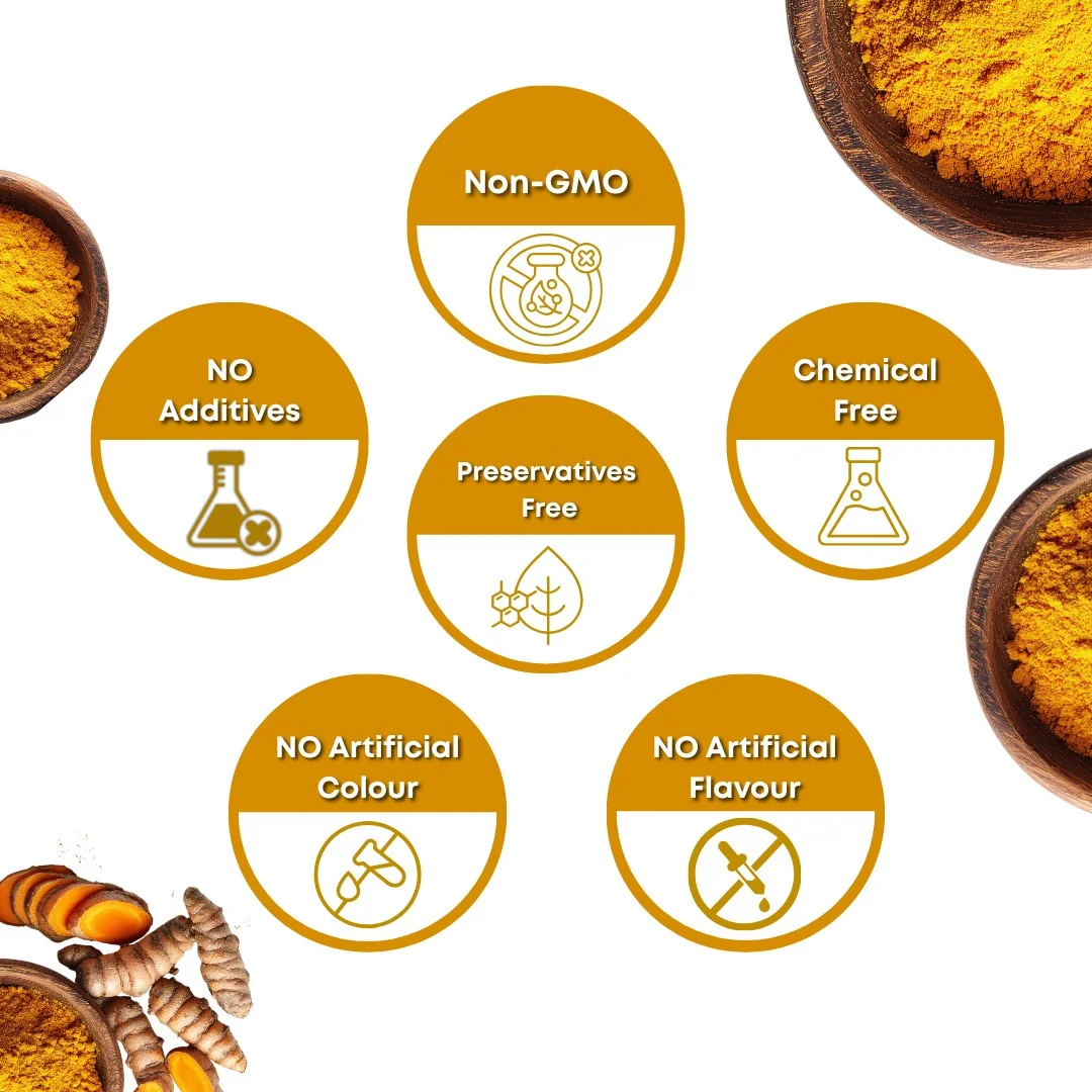 Turmeric Powder 100% natural pure quality seals - chemical-free, non-GMO and preservative-free