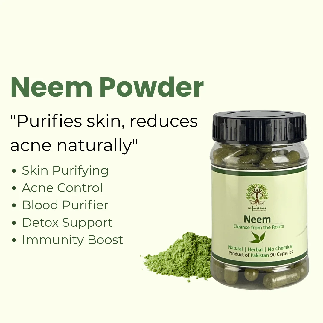 Neem Capsules health benefits, herbal wellness properties and vitality advantages infographic