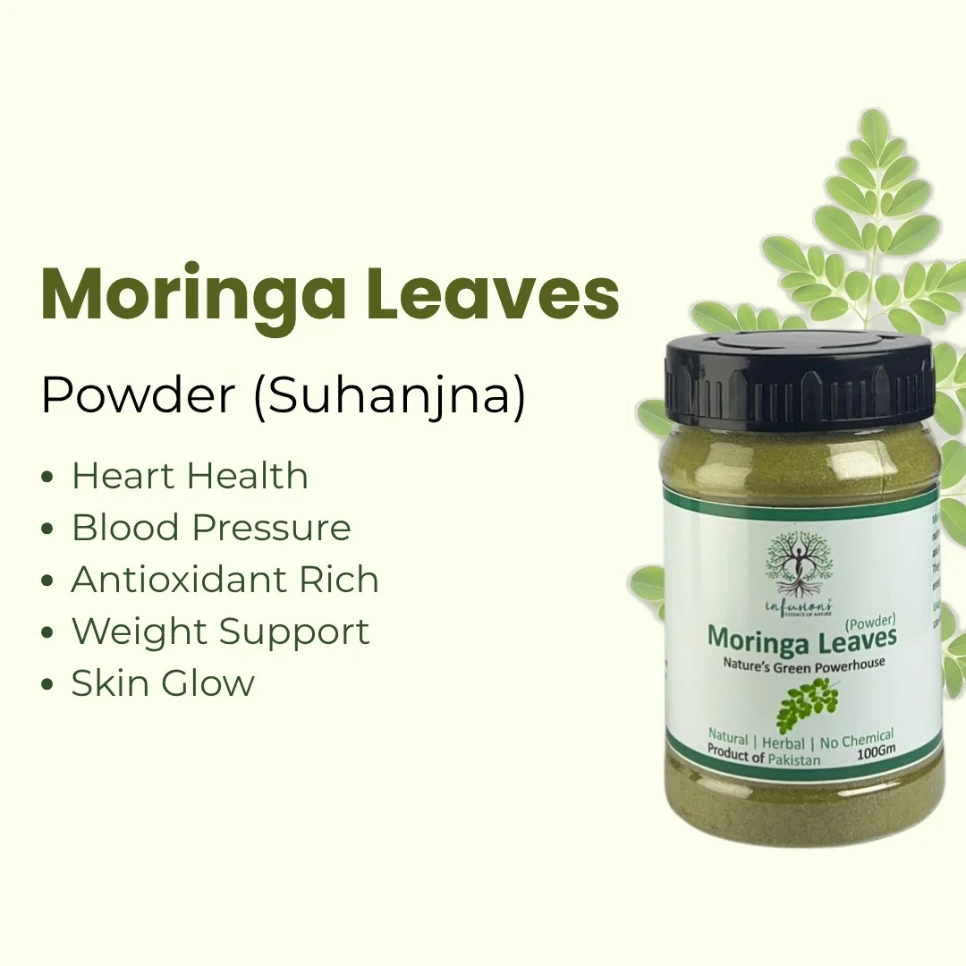 Moringa Leaves Powder key benefits, natural wellness properties and herbal care advantages infographic