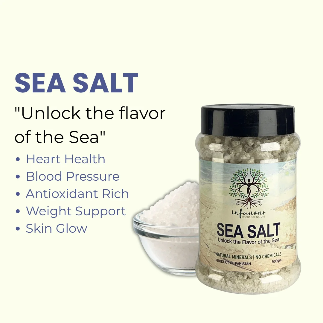 Sea Salt key benefits, natural wellness properties and herbal care advantages infographic