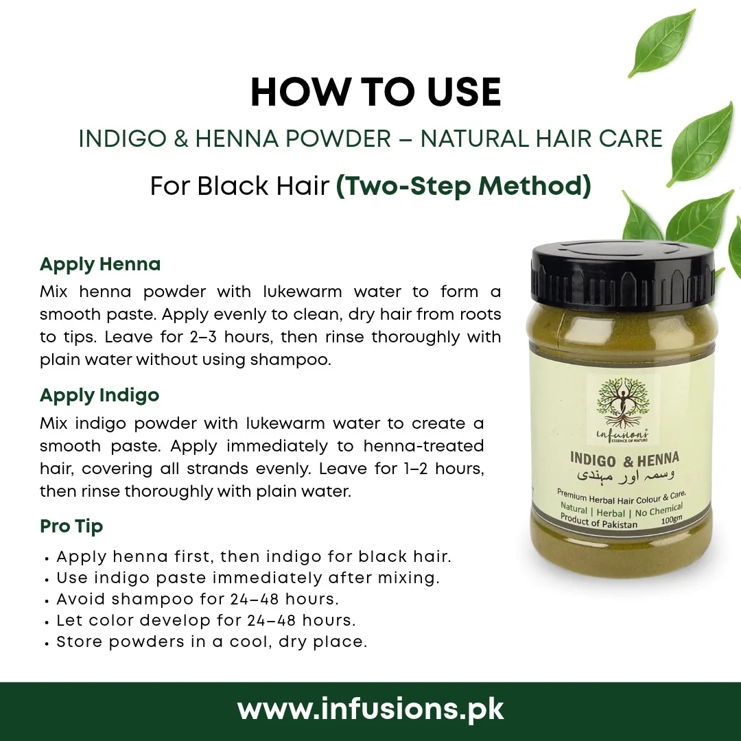 Two-step henna and indigo powder application guide