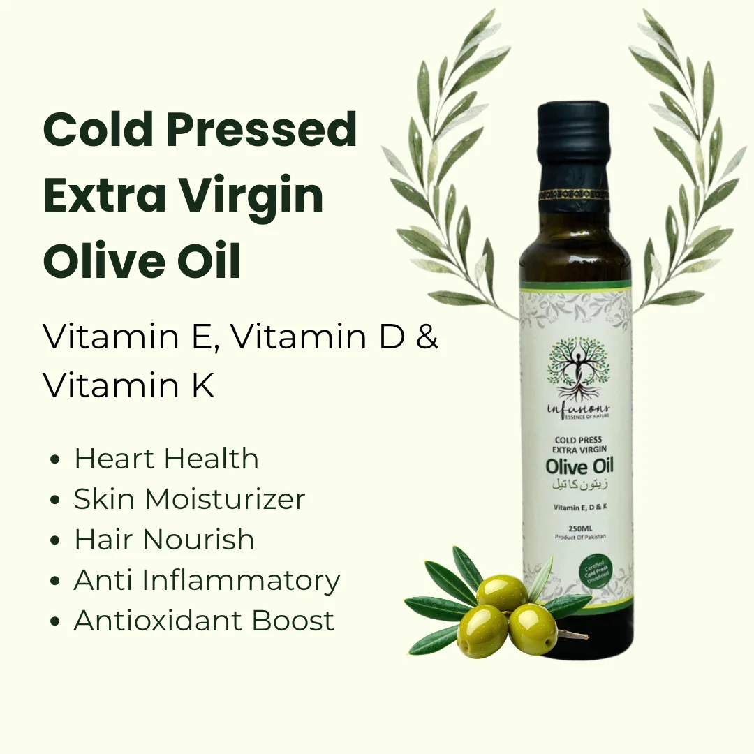 Cold Pressed Extra Virgin Olive Oil key benefits, deep hair and skin nourishment advantages infographic