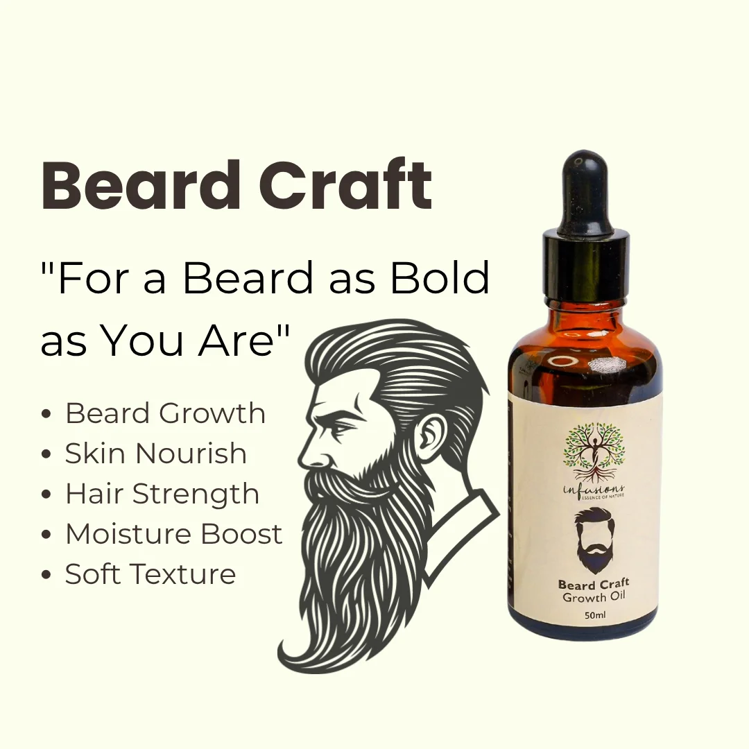 Beard Craft Growth Oil key benefits, natural hair coloring and scalp nourishment infographic