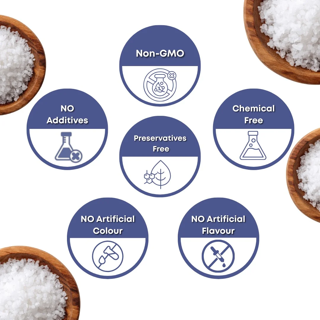 Sea Salt 100% natural pure quality seals - chemical-free, non-GMO and preservative-free