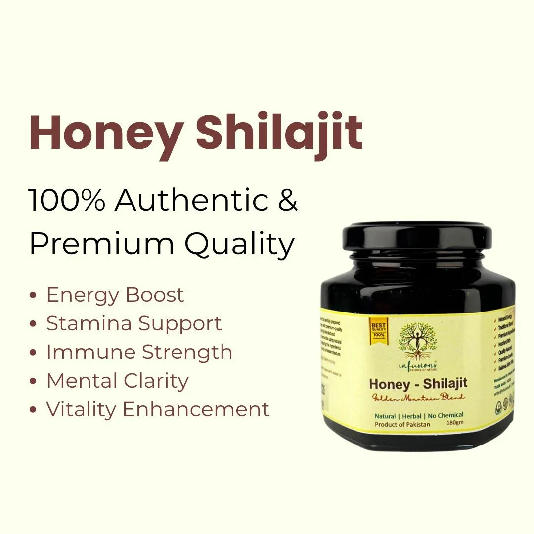 Honey Shilajit Golden Blend natural vitality, energy boost and wellness benefits infographic