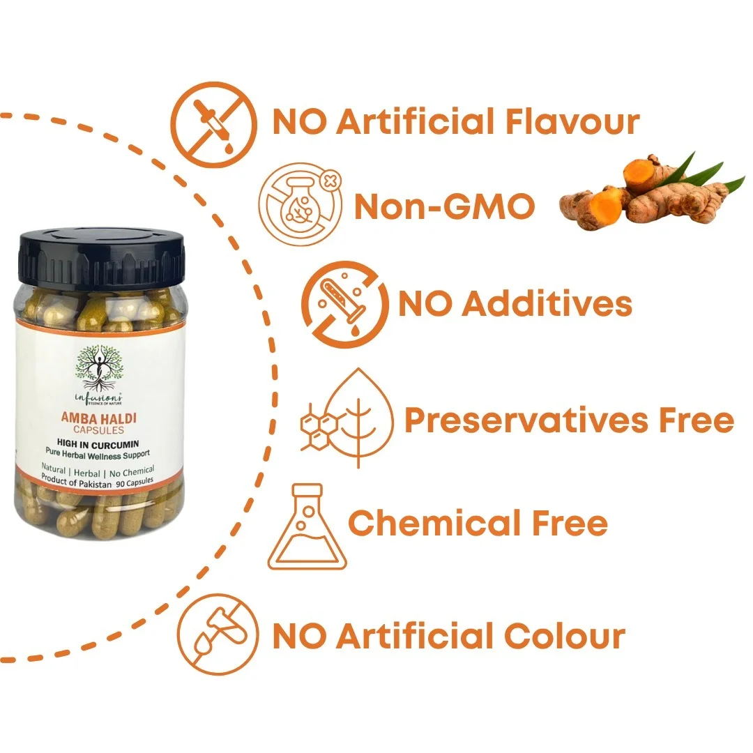 Amba Haldi Capsules 100% pure Curcuma amada quality seals - chemical-free, non-GMO and preservative-free