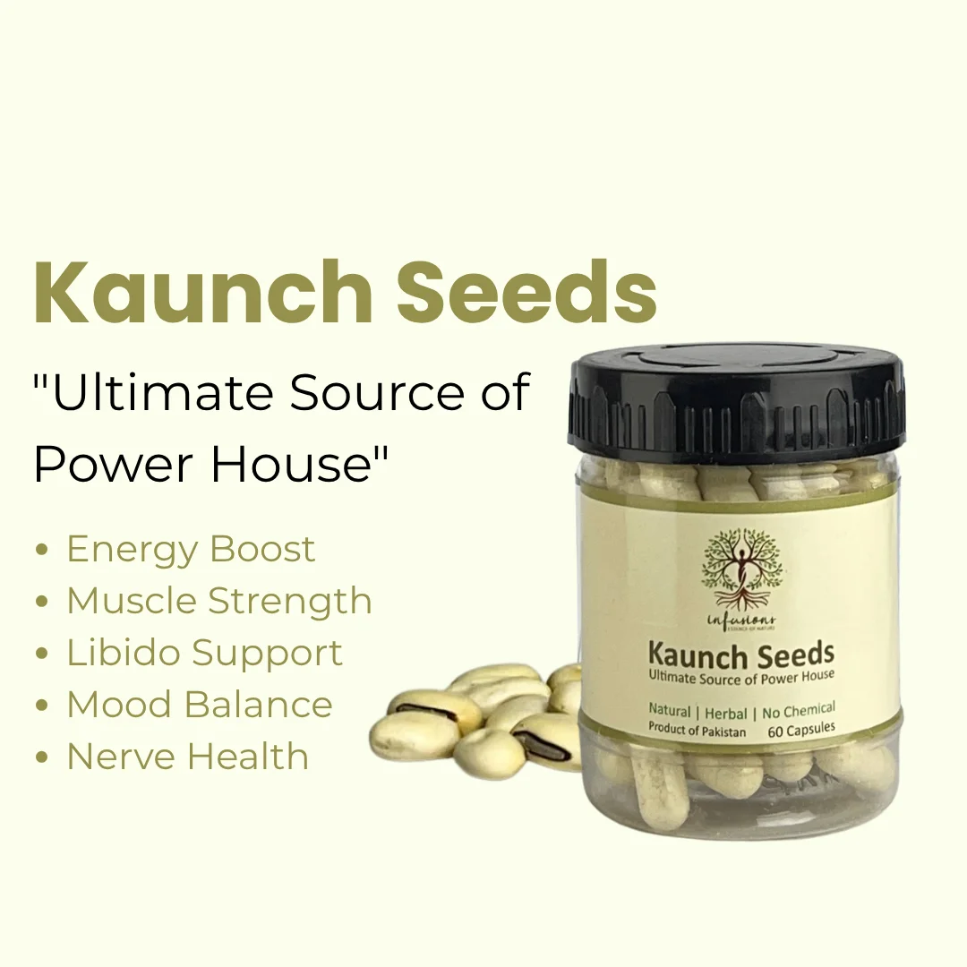 Kaunch Seeds Capsules health benefits, herbal wellness properties and vitality advantages infographic