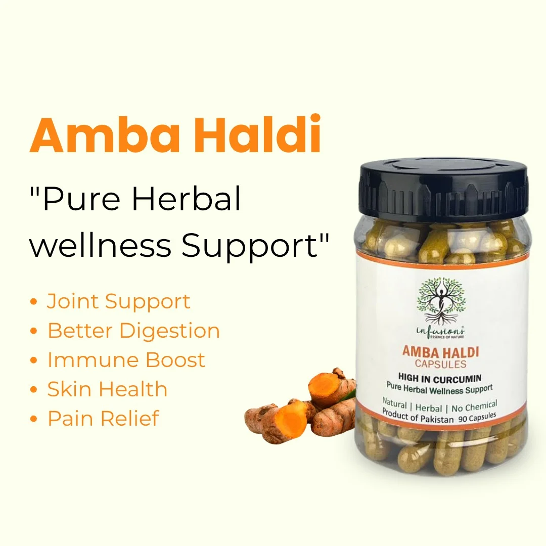 Amba Haldi Capsules joint comfort, anti-inflammatory and skin glow benefits infographic