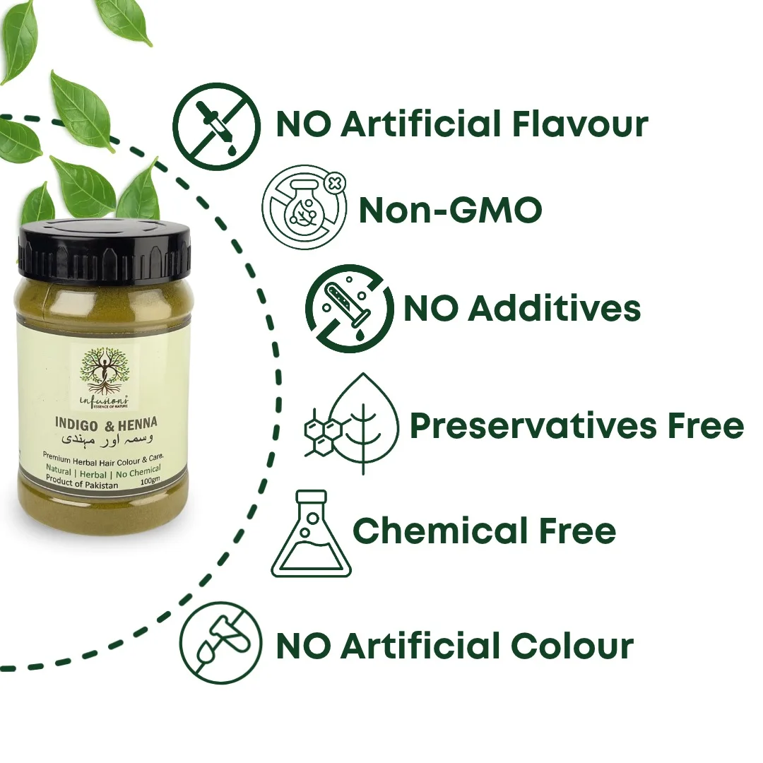 Indigo & Henna Powder jar with plant-based hair colour product highlights