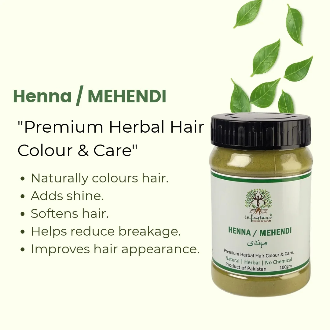 Henna / Mehendi Powder key benefits, natural hair coloring and scalp nourishment infographic