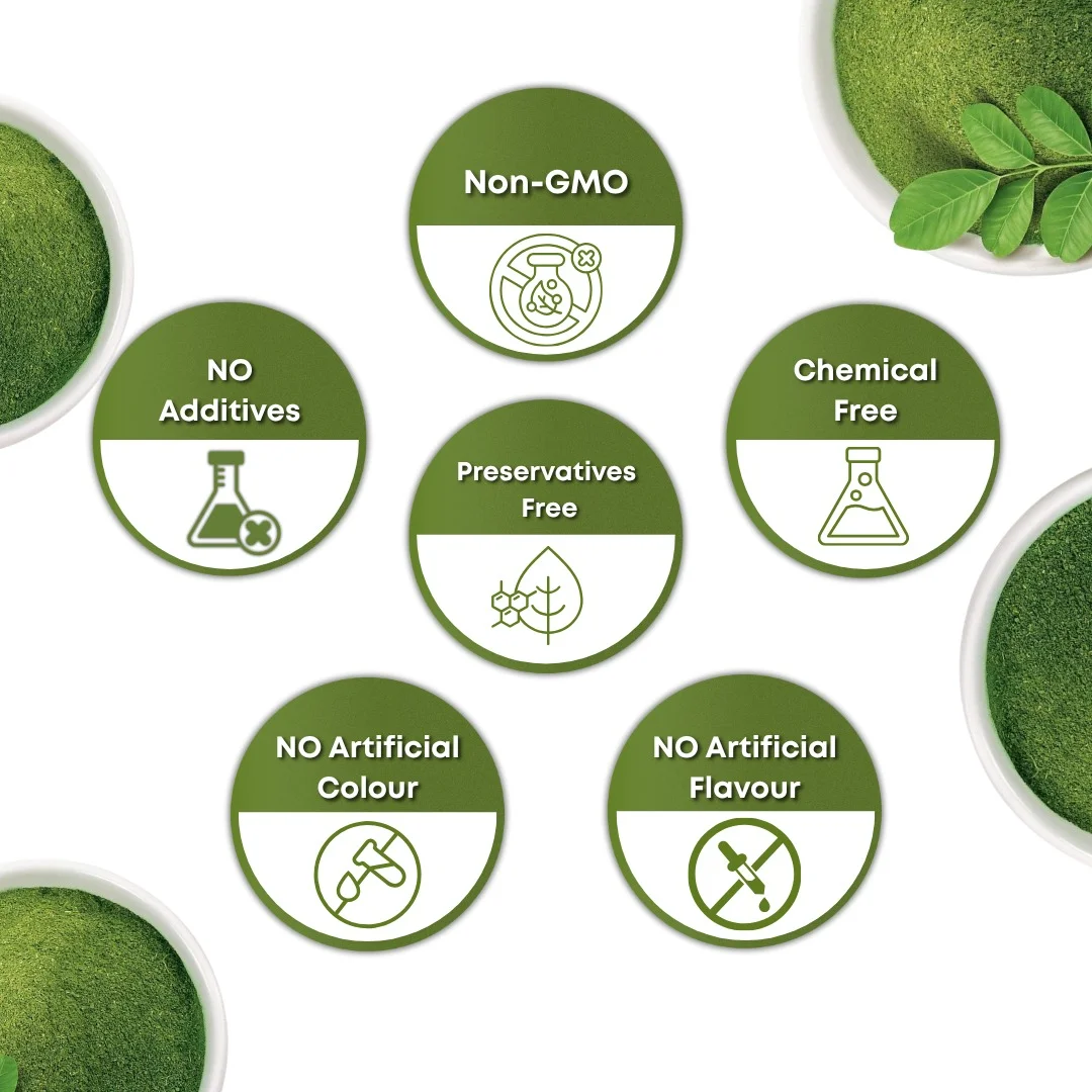 Moringa Leaves Capsules 100% pure herbal formulation seals - non-GMO, preservative-free and lab-tested