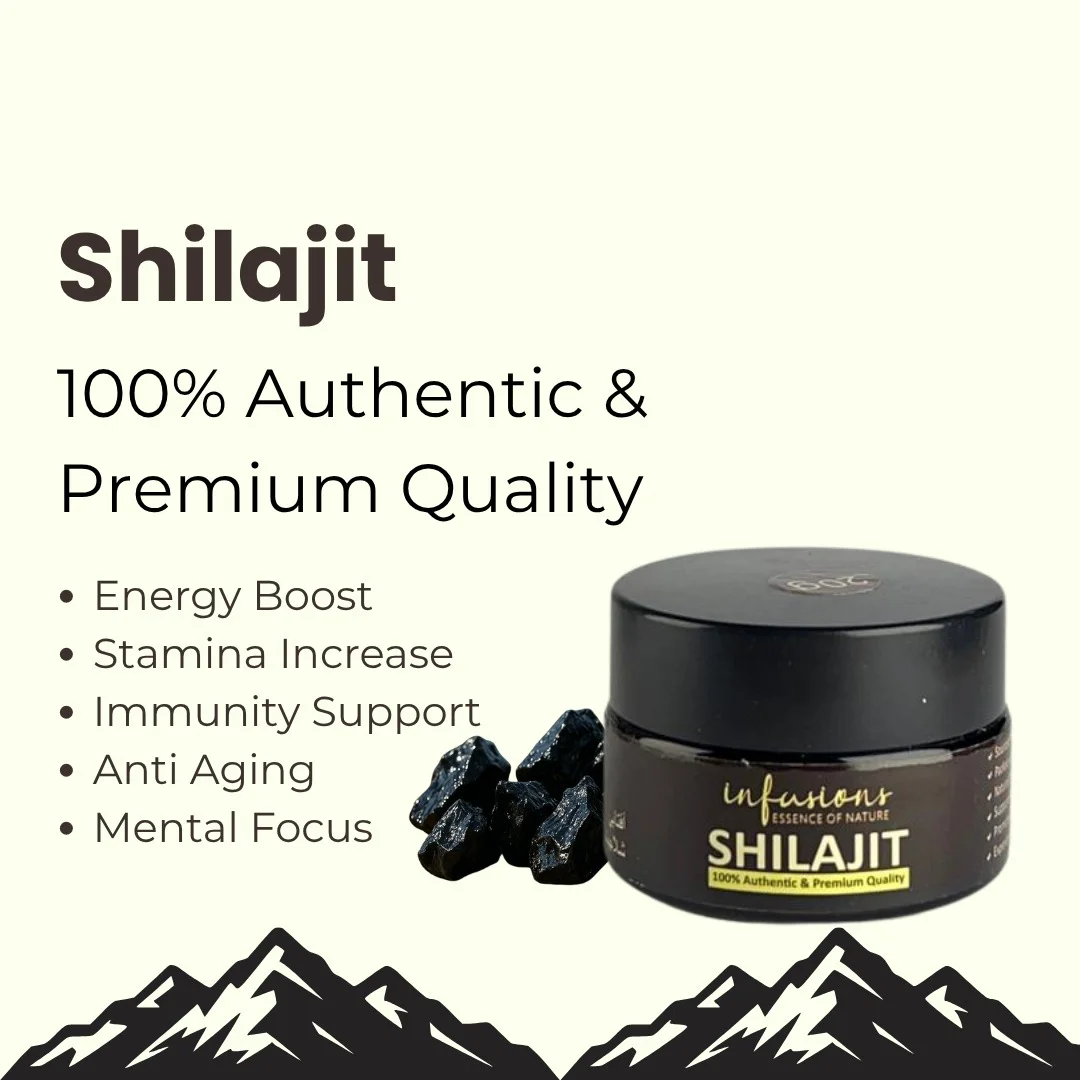 Shilajit natural energy benefits, stamina support and Himalayan vitality infographic
