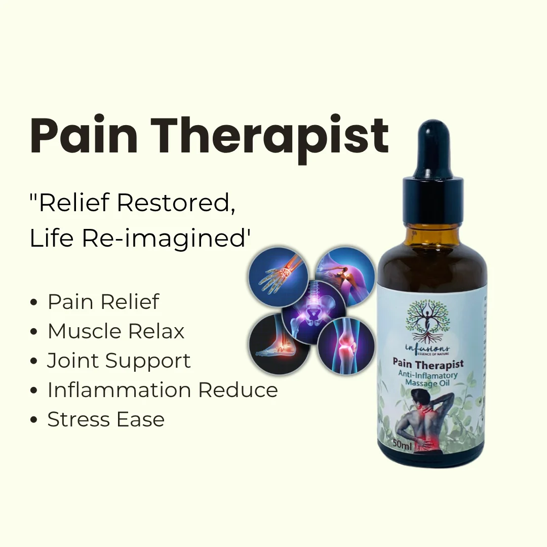 Pain Therapist key benefits, deep hair and skin nourishment advantages infographic