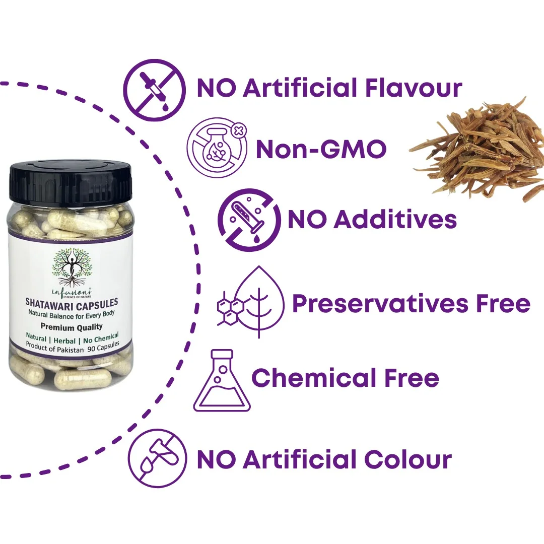 Shatawari Roots Capsules 100% pure herbal formulation seals - non-GMO, preservative-free and lab-tested