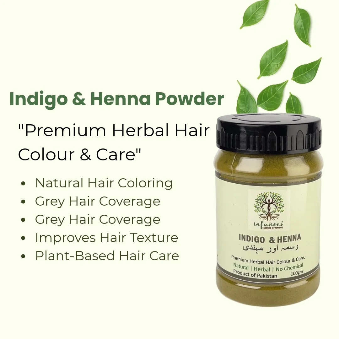 Indigo & Henna Powder product features graphic with the Infusions jar