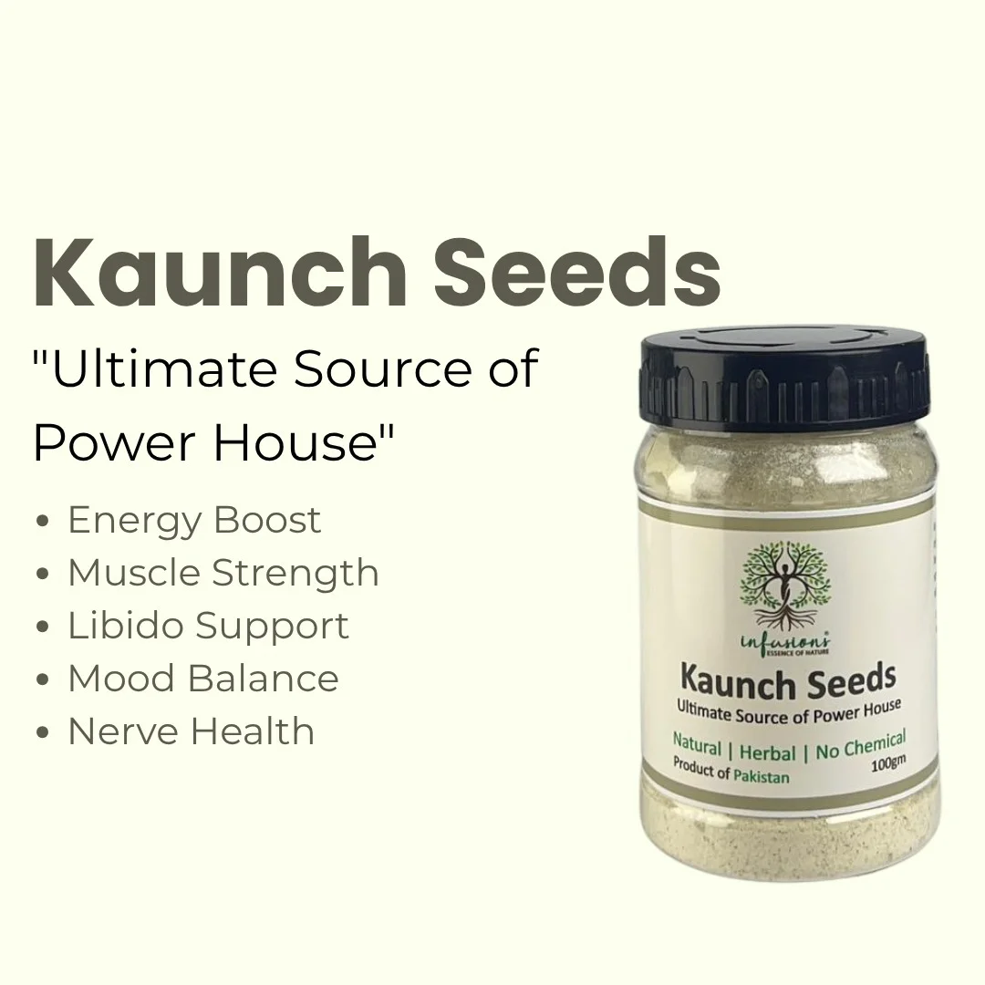 Kaunch Seeds Powder key benefits, natural wellness properties and herbal care advantages infographic