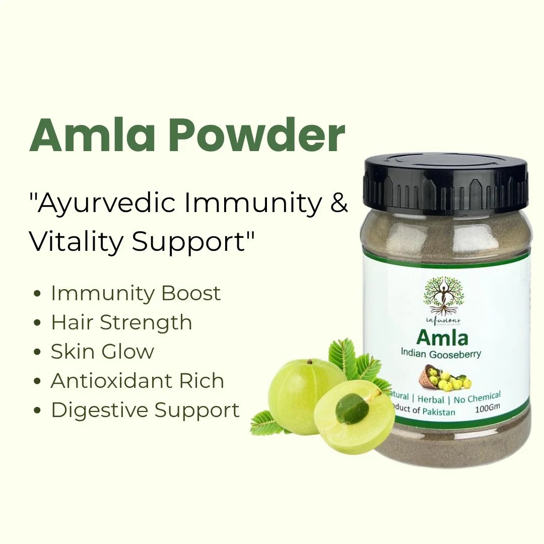 Amla Powder key benefits, natural wellness properties and herbal care advantages infographic
