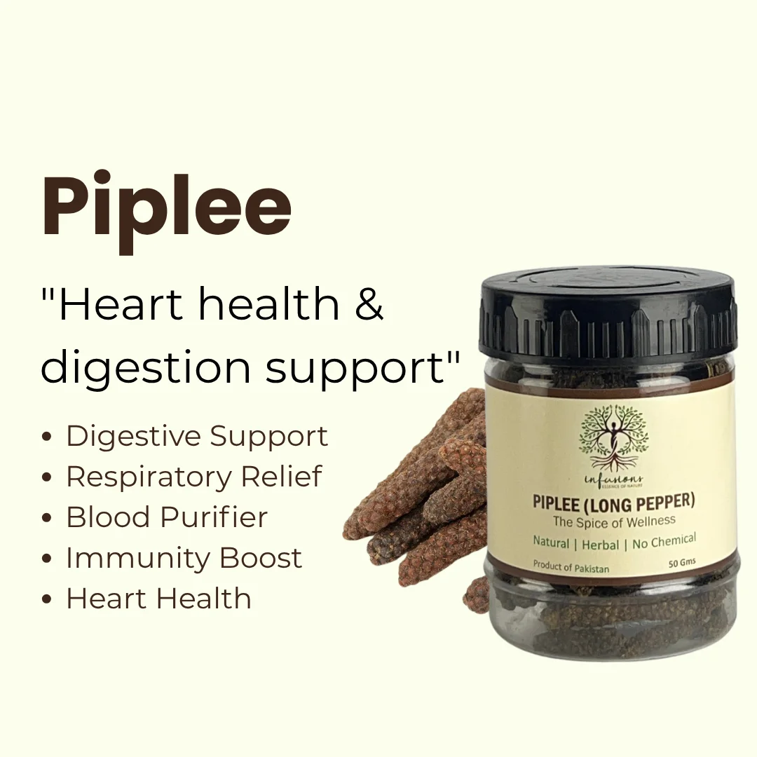 Piplee key benefits, natural wellness properties and herbal care advantages infographic