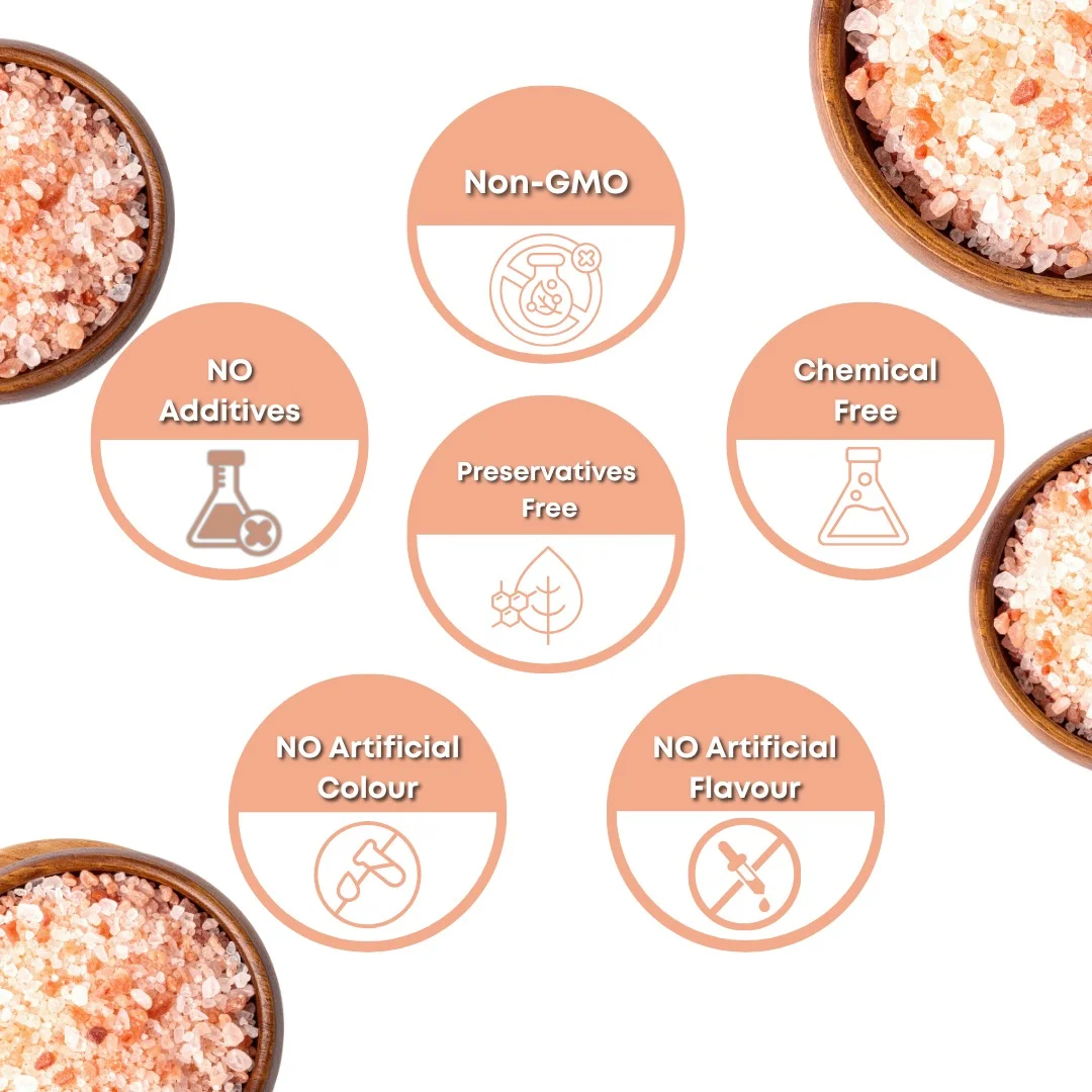 Himalayan Pink Salt 100% natural pure quality seals - chemical-free, non-GMO and preservative-free