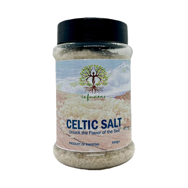 Celtic Salt, A jar of Celtic salt labeled 'Unlock the Flavor of the Salt' with a logo featuring a tree. The jar contains white crystalline salt and has a black lid, indicating it's a product from Pakistan. The jar holds 500 grams.