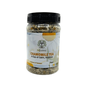 Chamomile Tea, Chamomile Tea in pakistaan, A clear glass jar filled with organic chamomile tea, showcasing the vibrant dried flowers and herbs inside, set against a rustic wooden background., An aesthetically pleasing jar of organic chamomile tea, featuring bright yellow and white chamomile flowers, perfect for promoting natural wellness.